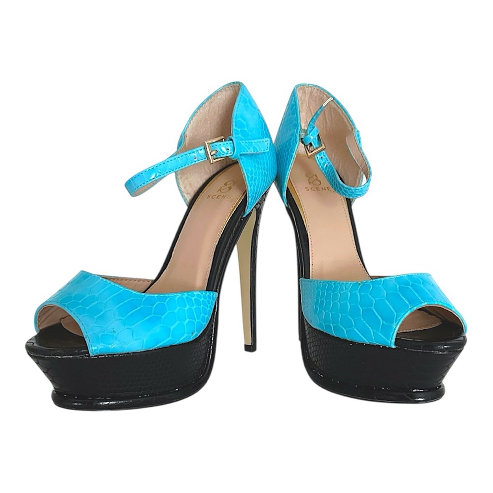 NEW SCENE Platform Stiletto High Heels Y2K Snakeskin Aqua Blue w Black Size 7.5